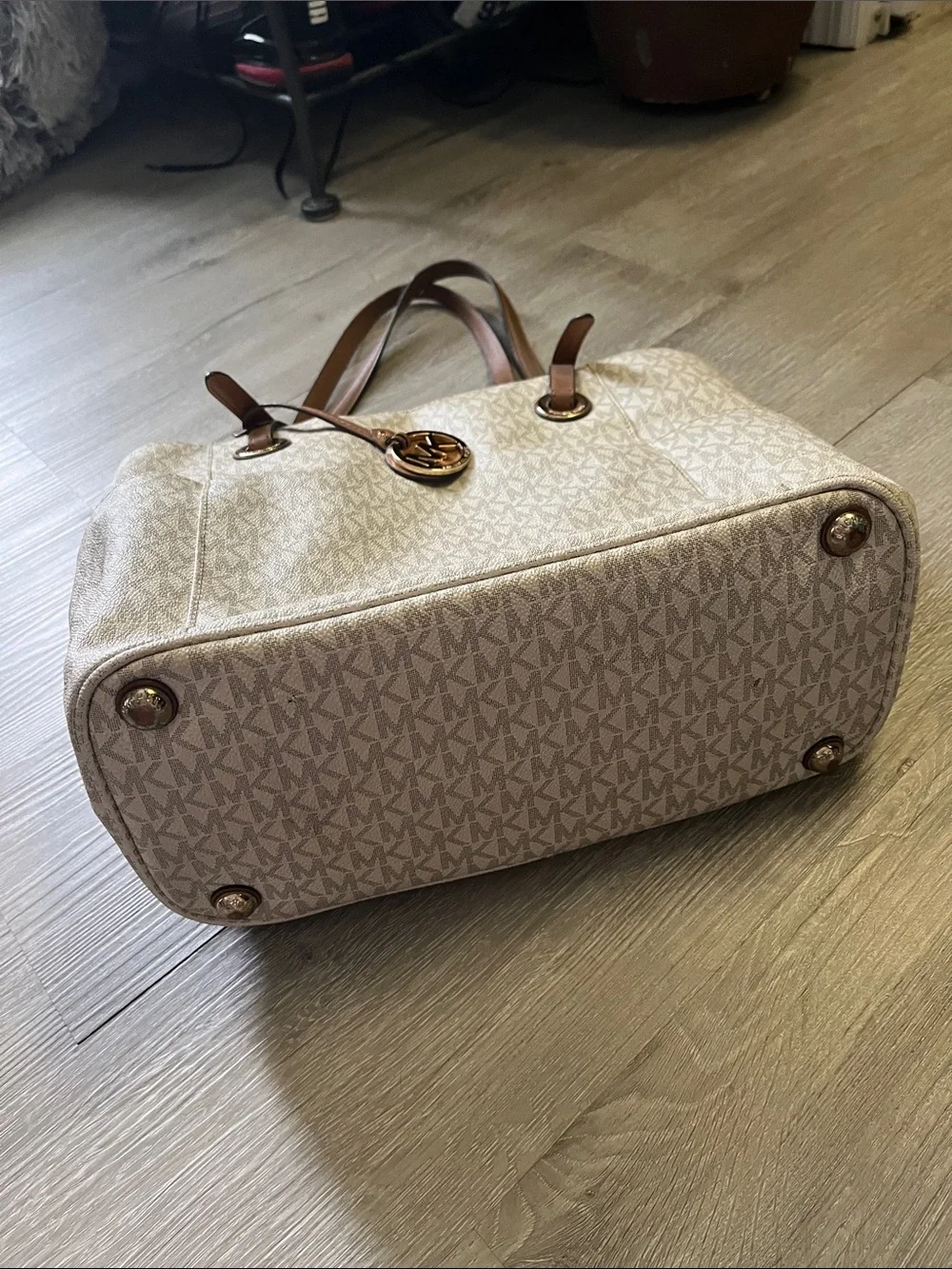 Michael Kors Cream MK Signature Tote with Brown Leather Straps